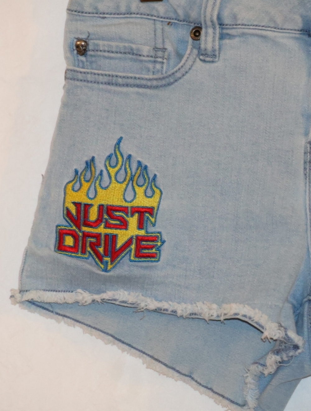 Blackheart Light Blue Distressed Drive Themed Denim Patch Shorts. - Picture 3 of 11